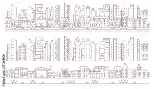 City panorama. Parallax ready layers. History downtown against the backdrop of modern skyscrapers. Long horizontal banner. Vector contour outline illustration.