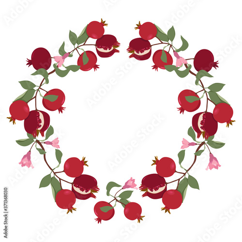 Vector round frame of pomegranate with seeds and leaves on a white isolated background.