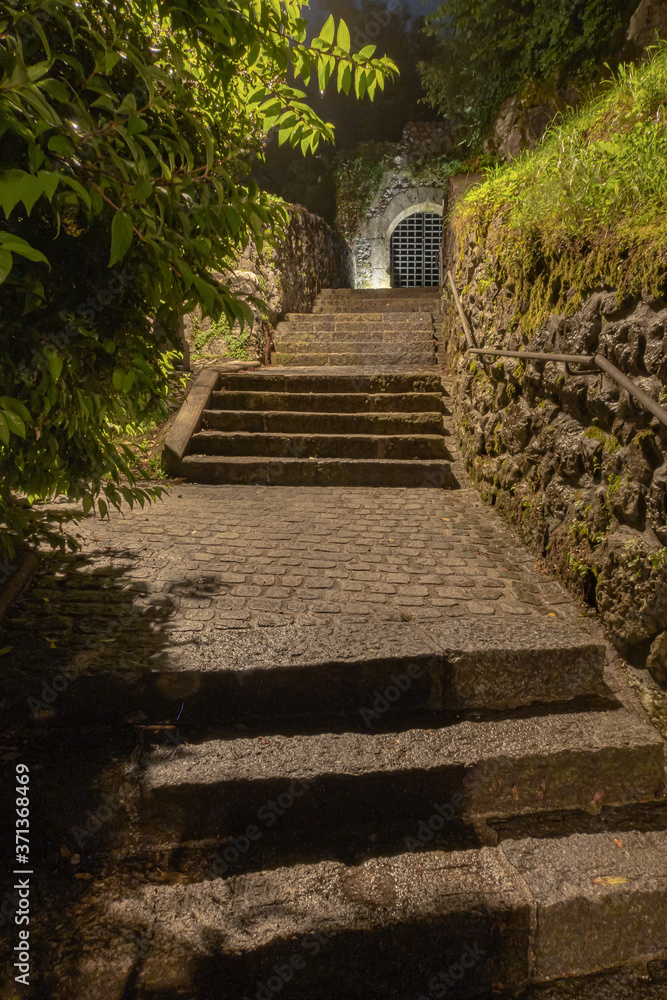 Stairs leading to the castle in Kamnik by night