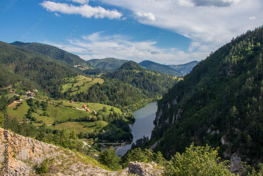 Landscape view of the river Beli Rzav , and Spajici lake from the height in Tara national park in Serbia Landscape view of the river Beli Rzav , and Spajici lake from the height in Tara national park in Serbia
