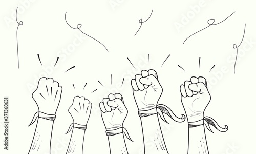 hand drawn of doodle hands up. fist hand, protest symbol, power sign. isolated on white background. vector illustration