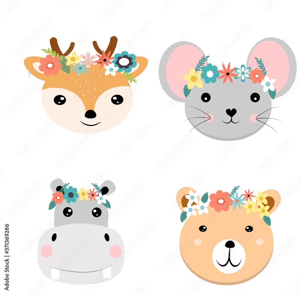set of animal faces vector illustration flower wreath on head set of animal faces vector illustration flower wreath on head