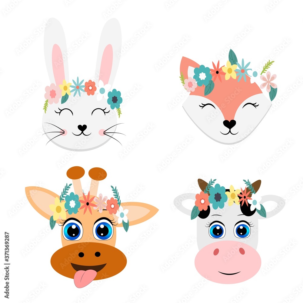set of animal faces vector illustration flower wreath on head set of animal faces vector illustration flower wreath on head