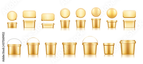 Golden bucket mockups for ice cream, yogurt, cheese, mayonnaise, butter or paint. Blank plastic food package container. Product template for branding or presentation. 3d realistic vector illustration