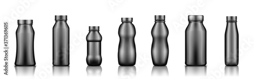 Yogurt, milk, juice or shampoo black plastic bottle set mockup isolated on white background. Package design. Blank food, cosmetic or detergent product. Container template. 3d vector illustration