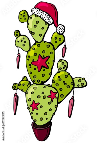 Mexican New Year. Cactus decorated with New Year decorations. White background, isolator. Stock illustration.