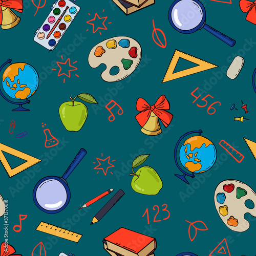 Seamless pattern with school supplies and creative elements. Back to school background.	