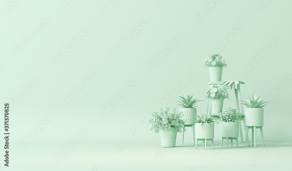 Fototapeta premium Green monochrome plant and vase on pastel blue background, Light background with copy space. 3D rendering for web page, presentation or picture frame backgrounds.