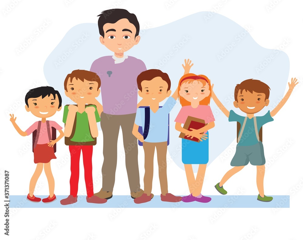 Group of pupils with female school teacher. Diverse children standing by young woman. Vector illustration for pedagogy, kindergarten, education concept
