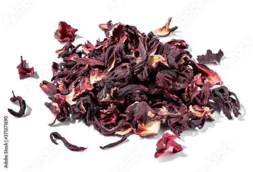 Dry hibiscus tea isolated on white. Close-up