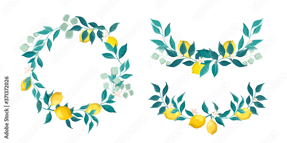 Wreaths and frames from lemons and leaves with flowers isolated on a white background. Postcard clip art, decorative botanical set.