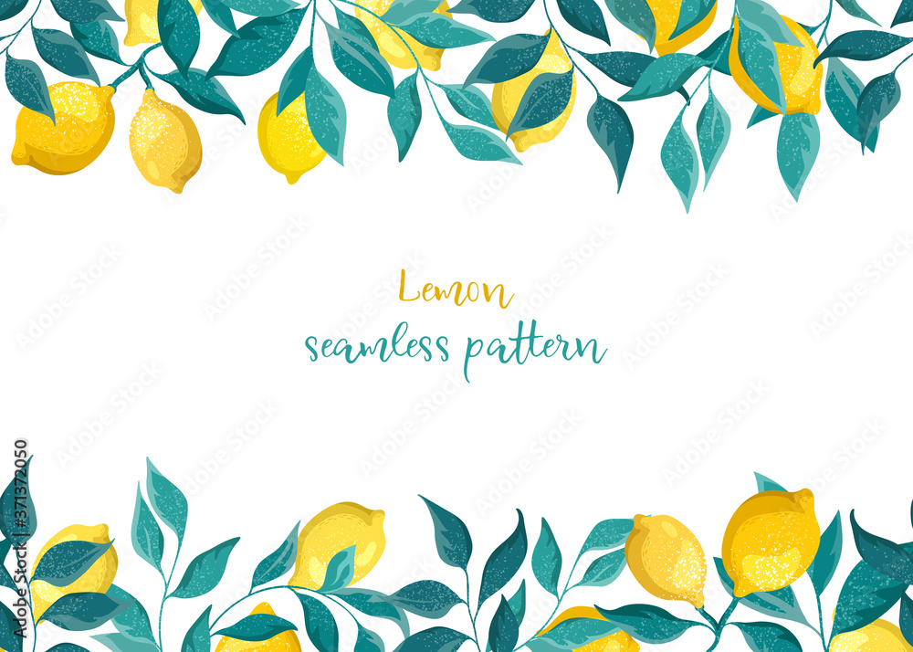 Fototapeta premium Frame, seamless pattern of lemons and leaves with flowers on a white background. Summer illustration, copy space.