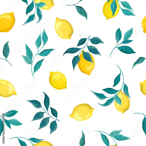 Lemons fruits with leaves on a white background. Botanical illustration, seamless pattern.