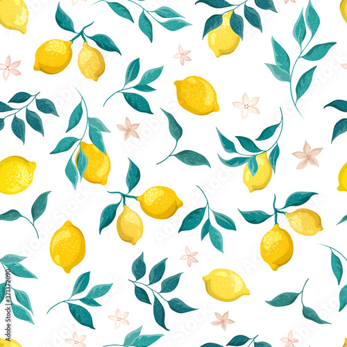 Lemons fruits with leaves on a white background. Botanical illustration, seamless pattern.