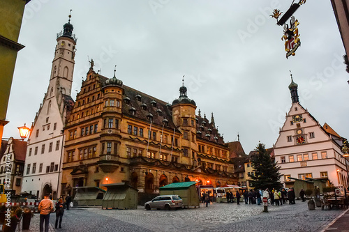 Old Town Hall Rathaus on main square in old town Rothenburg ob der Tauber, Bavaria, Germany. November 2014