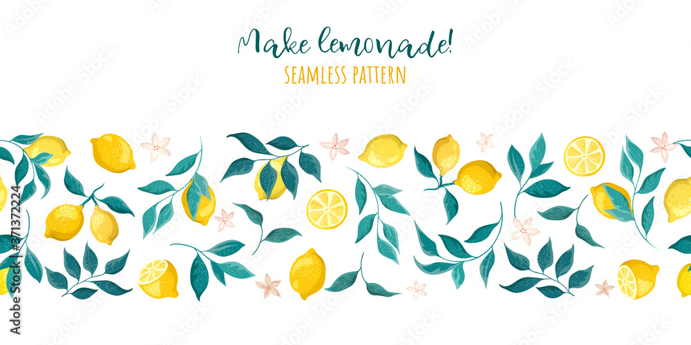 Frame, seamless pattern of lemons and leaves with flowers on a white background. Summer illustration, copy space.