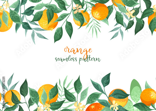 Branches of oranges in flowers on a white background. Frame of decorative botanical elements. Seamless pattern.