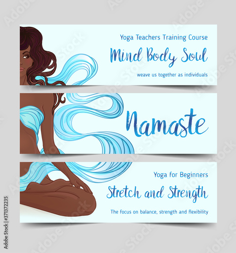 Yoga card design. African American woman in lotus pose. Colorful design template for spiritual retreat or yoga studio. Ornamental business cards, oriental pattern. Vector illustration.