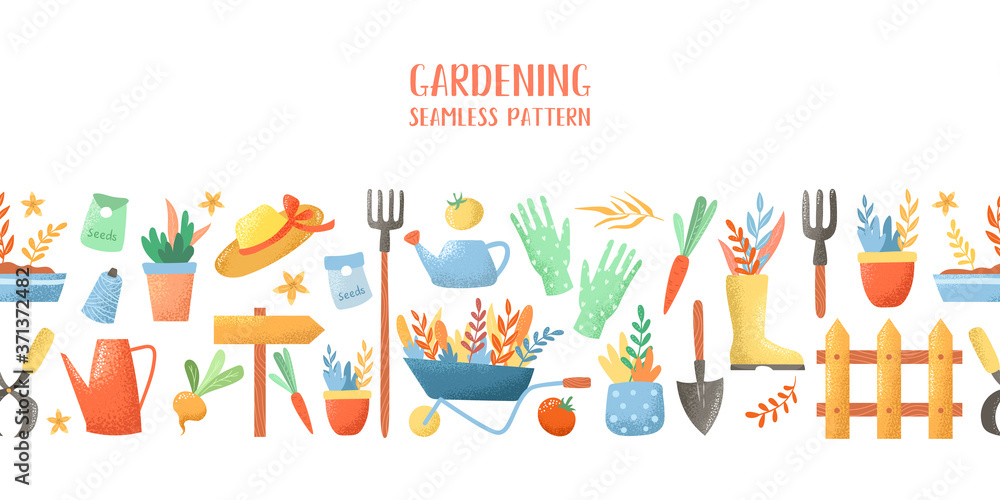 Fototapeta premium Gardening tools, gardener clothes, potted flowers on a white background. Seamless pattern, frame from doodle elements.