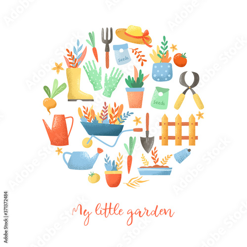 Set of decorative Gardening tools doodle elements on a white background. Round print.