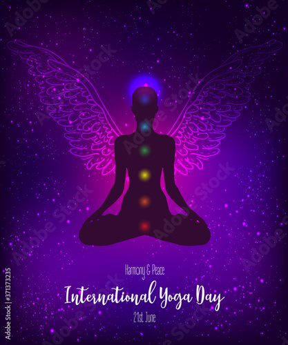International Yoga Day. Silhouette in lotus position with wings over night sky background. Vector illustration. New age symbol, inner light, sacred geometry, kundalini, chakra, natural healing.