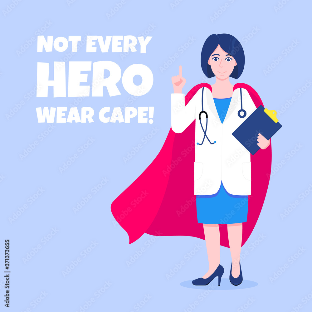 Young adult doctor with hero cape behind hospital medical employee fights against diseases and viruses on frontline flat style vector illustration. Doctor physician medical clinic staff new hero. Young adult doctor with hero cape behind hospital medical employee fights against diseases and viruses on frontline flat style vector illustration. Doctor physician medical clinic staff new hero.