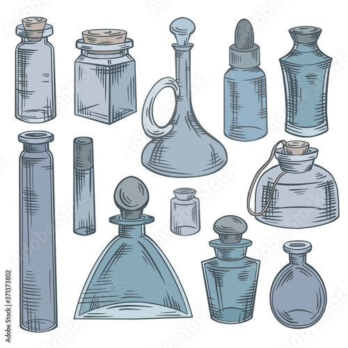 Contour sketch of bottles, flasks and jars with hatching. Containers for perfumes and medicines. Natural medicine. Potions and Alchemy. Vector engraving object for recipes, banners and your design.
