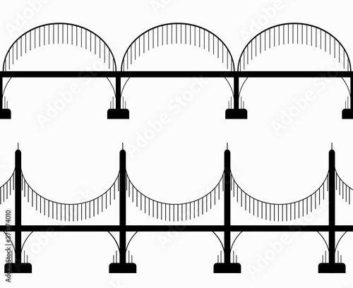 Set of various seamless black silhouette bridges on columns. City communications. The intersection of rivers and ravines. Vector object for icons, logos, signs and your design.