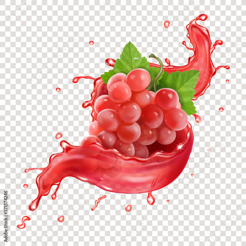 Bunch of red or pink grapes in juice or wine splash realistic