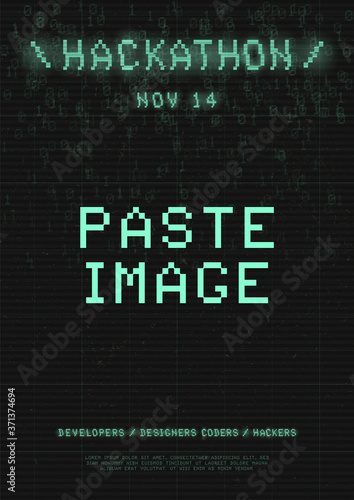 Hackathon flyer. Retrowave cyberpunk futuristic cover with 8-bit pixel glitch typography, binary code and copy space. Set of dates with numbers. Vector