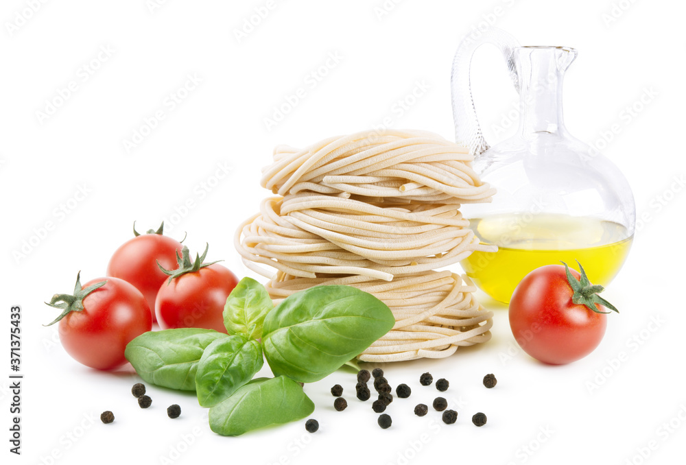 Pici, bronze-drawn durum wheat pasta, Tuscan handmade spaghetti, isolated on white background with basil, extra virgin olive oil, peppercorns and cherry tomatoes. Pici, bronze-drawn durum wheat pasta, Tuscan handmade spaghetti, isolated on white background with basil, extra virgin olive oil, peppercorns and cherry tomatoes.