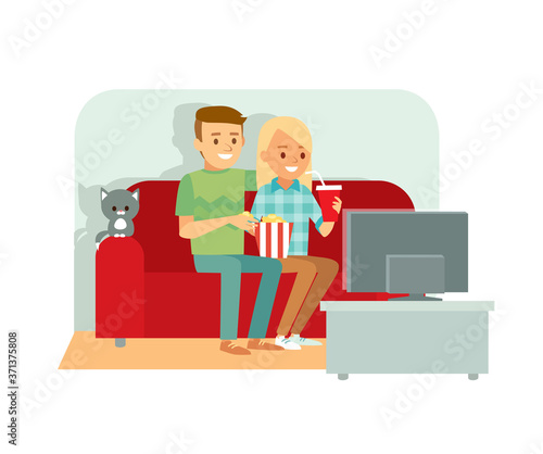 Young family stay home sitting on couch watching TV series show movie