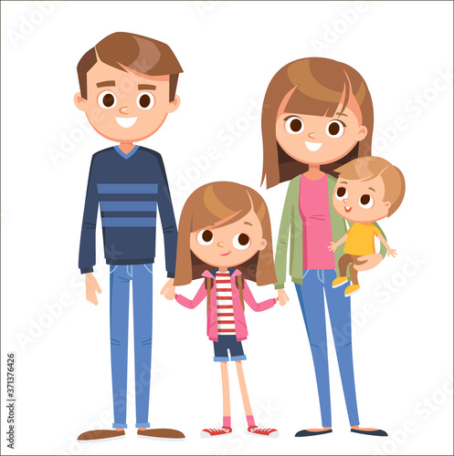 Portrait of happy family of 4 four members parents mom dad and 2 two children kids son daughter posing standing together, mother with child on hands.