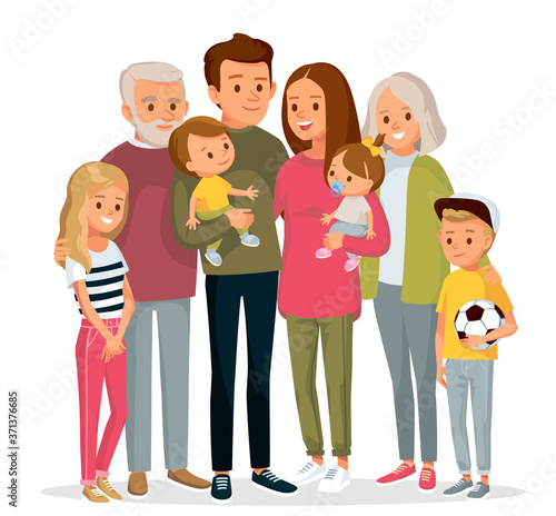 Big happy multi-generational family siblings relatives portrait. Vector people. Seniors mother and father with babies, children grandchildrens and grandparents. Grandma grandpa mom dad.