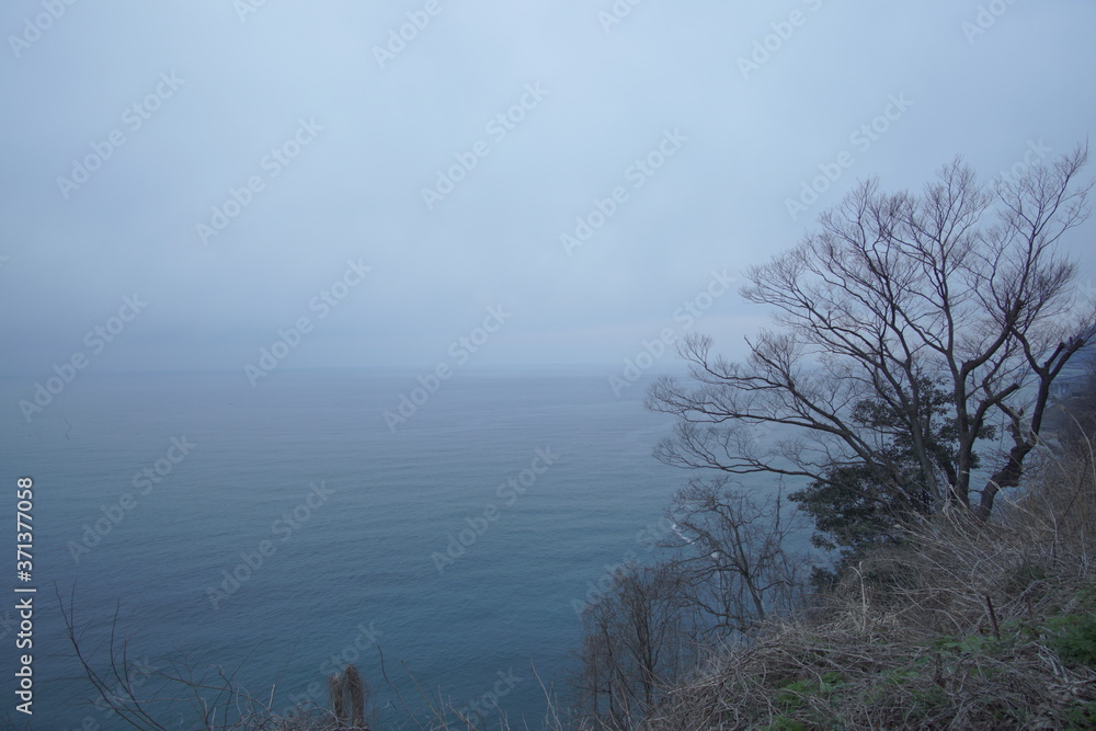 Beautiful landscape with sea coast in summer cloudy day
