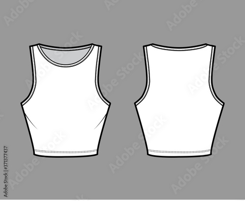 Cropped cotton-jersey tank technical fashion illustration with slim fit, waist length, crew neckline. Flat outwear basic apparel template front back white color. Women men, unisex shirt top CAD mockup