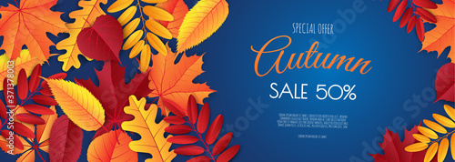 Autumn sale banner, fall season discount poster with falling leaves for shopping promotions,prints,flyers,invitations, special offer card.