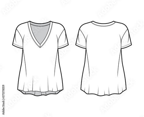 Boyfriend slub cotton-jersey T-shirt technical fashion illustration with plunging V-neckline, short sleeves, relaxed silhouette. Flat outwear apparel template front back white color. Women men unisex