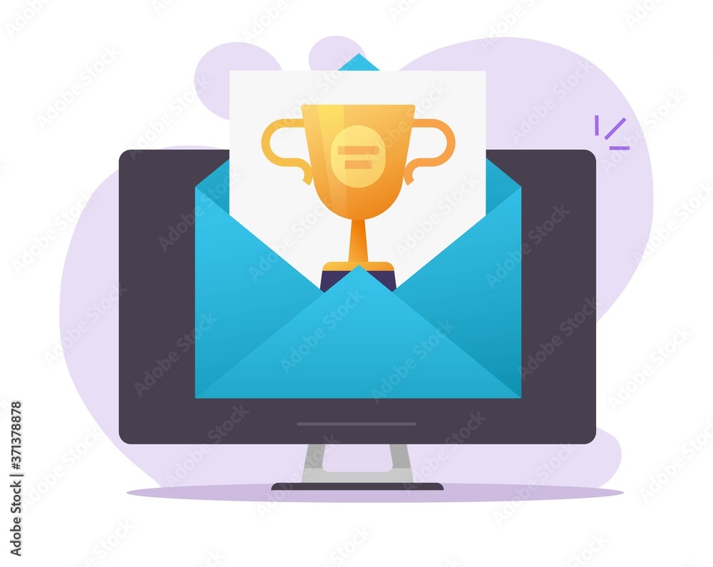 Online web digital gift award email received on computer vector icon, electronic mail winner internet prize achievement, victory golden cup trophy, championship competition, contest win modern