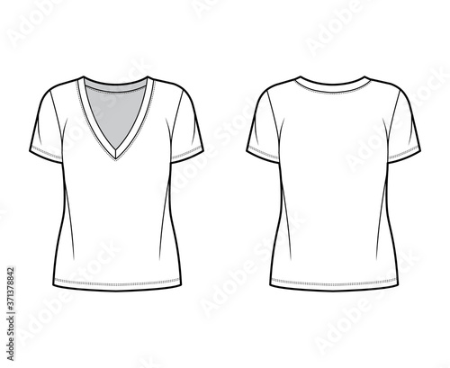 Cotton-jersey t-shirt technical fashion illustration with plunging V-neckline, short sleeves, tunic length. Flat outwear basic apparel template front back white color. Women men unisex top CAD mockup
