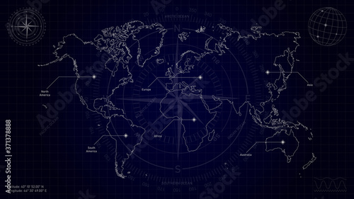 World map, abstract, blue background.