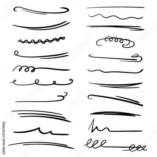 Set of handmade lines, brush lines, underlines. Hand-drawn collection of doodle style various shapes. Art Lines. Isolated on white. Vector illustration