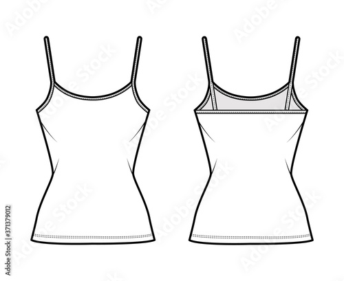 Cotton-jersey camisole technical fashion illustration with scoop neck, fitted body, tunic length. Flat outwear basic tank apparel template front back white color. Women men unisex shirt top CAD mockup