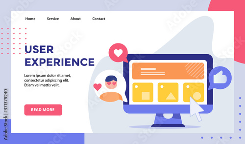 User experience wireframe on display monitor computer campaign for web website home homepage landing page template banner with modern flat style