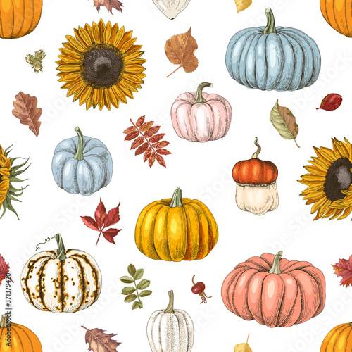 Seamless pattern with pumpkins and sunflowers