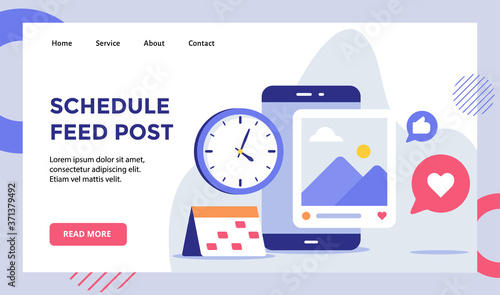 Schedule feed post picture on smartphone screen campaign for web website home homepage landing page template banner with modern flat style