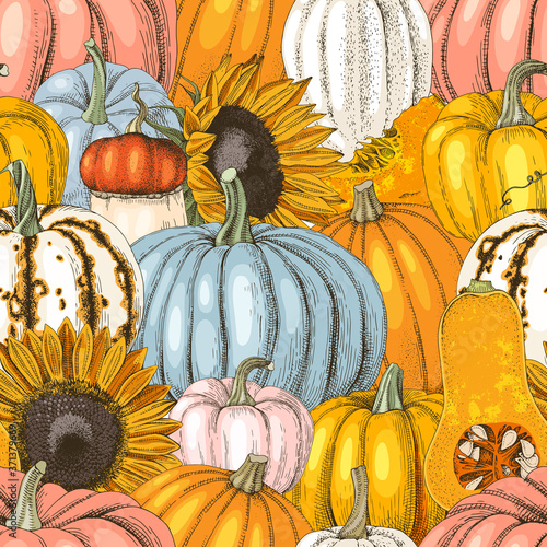 Seamless pattern with pumpkins and sunflowers