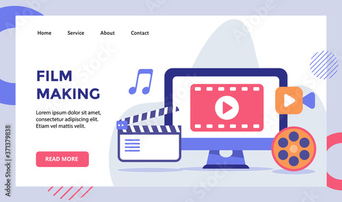 Film making video on computer screen campaign for web website home homepage landing page template banner with modern flat style
