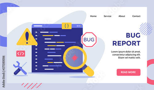 Bug report magnifier bug on data software campaign for web website home homepage landing page template banner with modern flat style