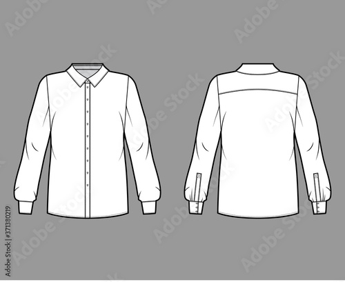 Classic shirt technical fashion illustration with basic collar with stand, long sleeves, oversized body, back round yoke. Flat apparel top template front, back white color. Women men unisex blouse CAD